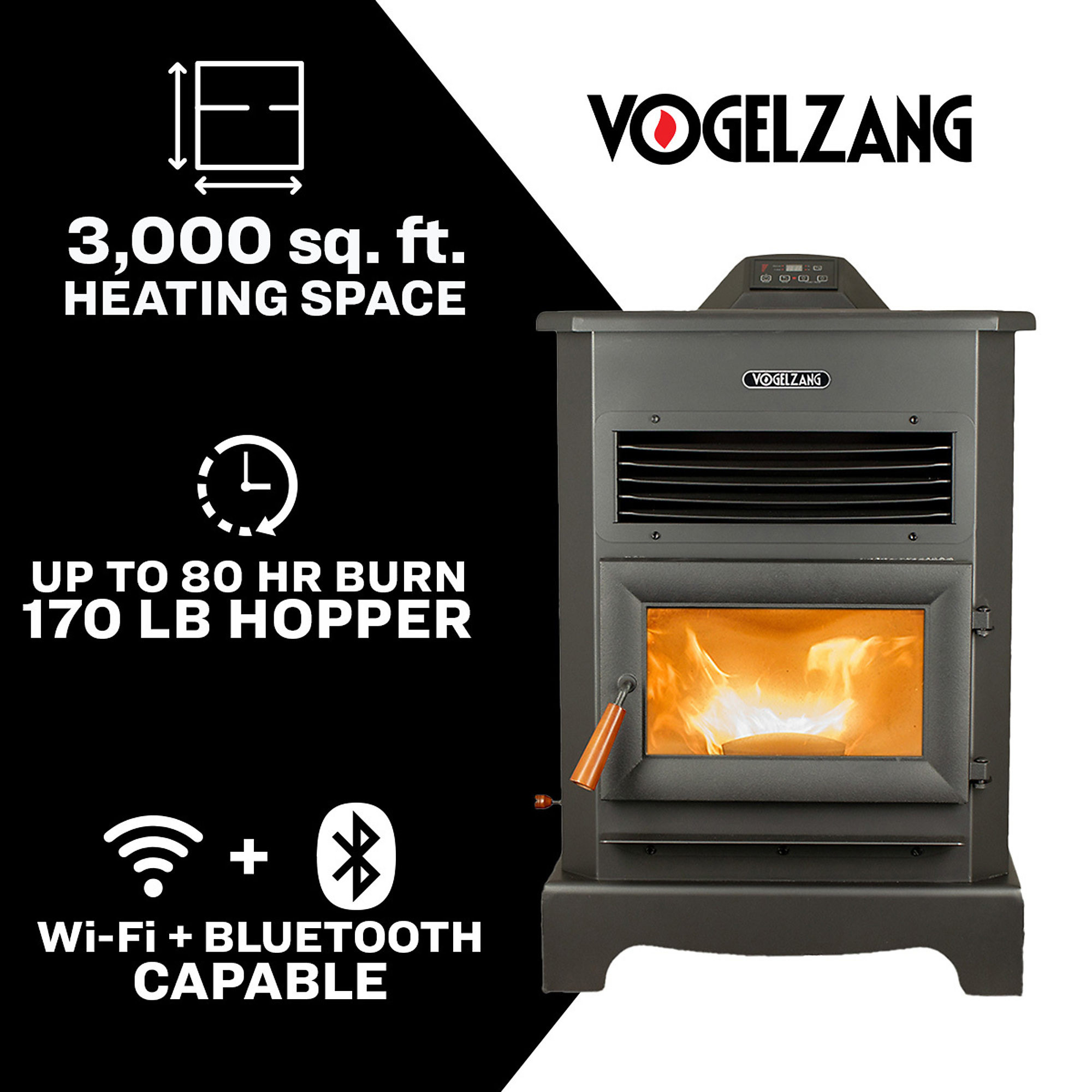 Vogelzang, Vogelzang WiFi Pellet Stove 3000 Sq Ft, Heat Output 33000 Btu/hour, Heating Capability 3000 ft², Color Family Black, Model# VG5722-W